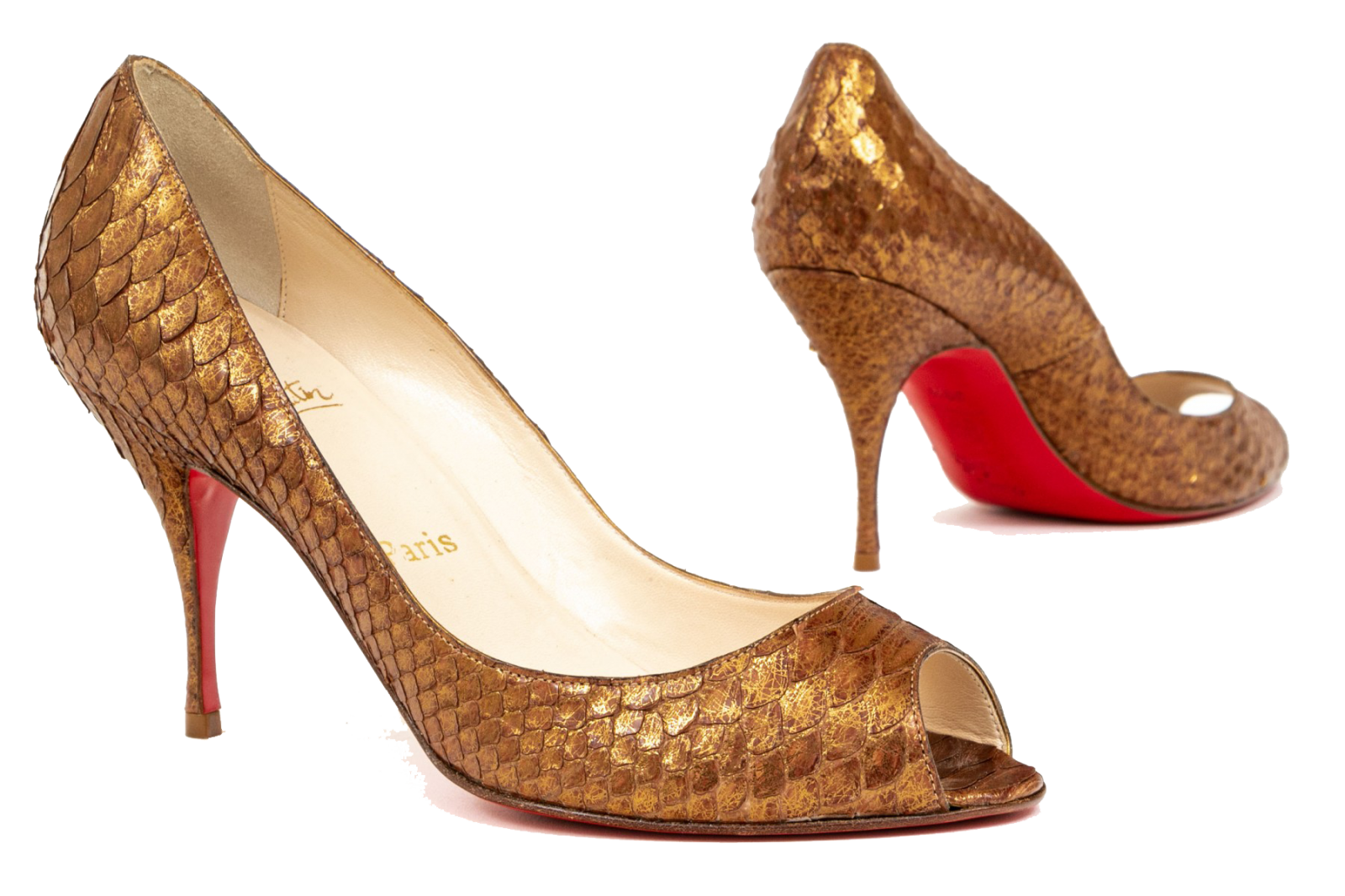 a pair of Christian Louboutin Snake Or Snake Like Leather Coppery Pumps - NEW